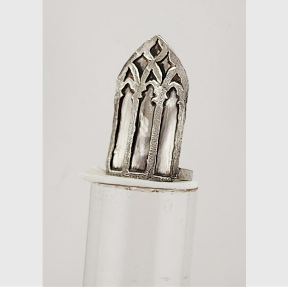 CATHEDRAL GOTHIC WINDOW TRACERY RING HANDMADE IN RECYCLED STERLING SILVER SZ 7